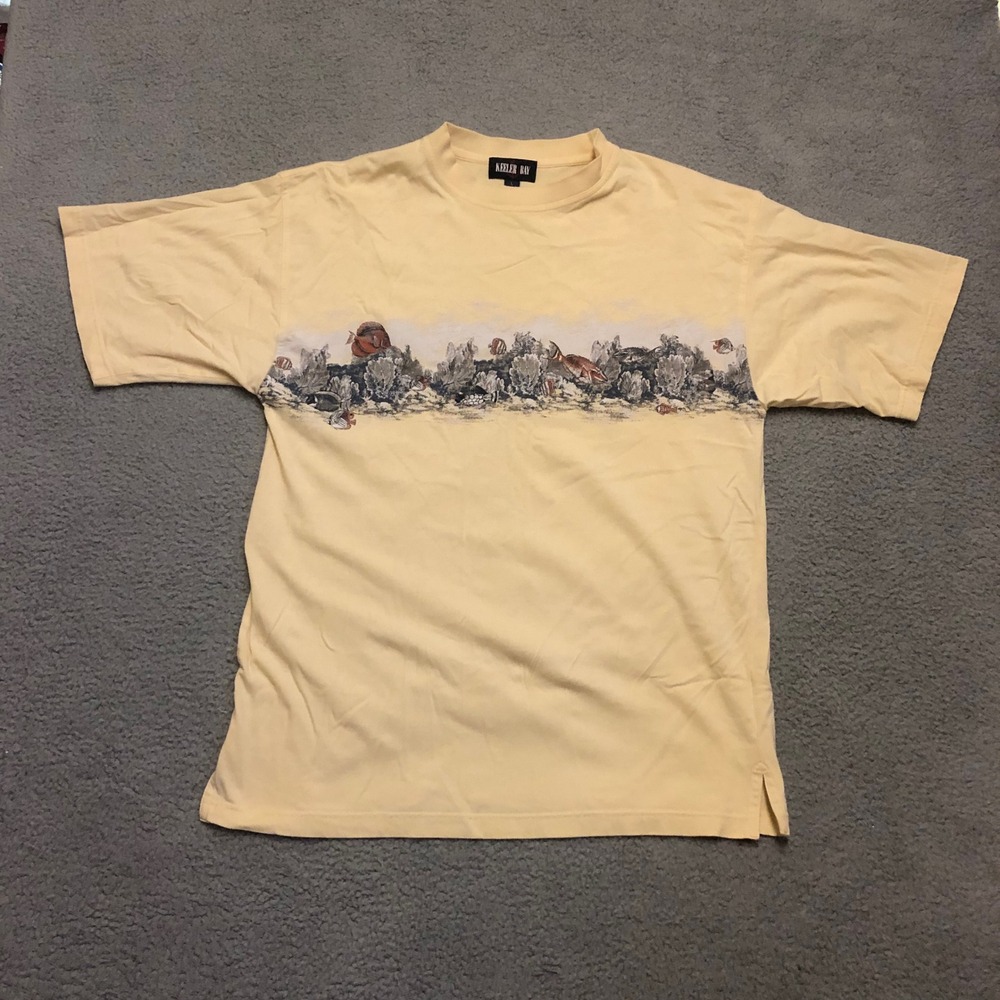 Vtg 90s Keeler Bay Fish Coral Reef Graphic T-Shirt Mens XL 2XL Yellow Nature Tee